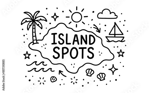 Tropical island adventure doodle with palm trees and ocean waves