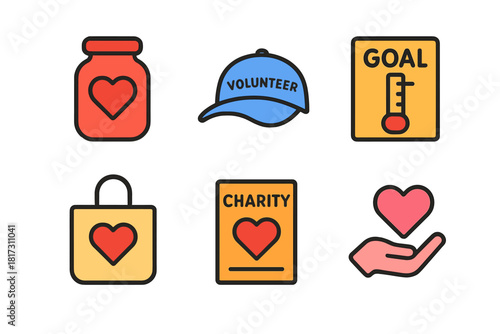 Nonprofit Drive Icons. Linear minimalistic nonprofit drive icon: donation jar, volunteer cap, goal board, collection tote, charity