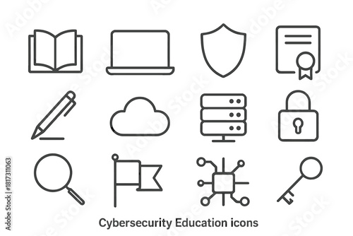 Cybersecurity Education Icons. Line style icons of Cybersecurity Education: Book, Laptop, Shield, Certificate; Pen, Cloud, Server,