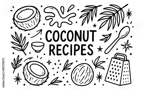 Coconut cooking guide with hand-drawn ingredients and tools
