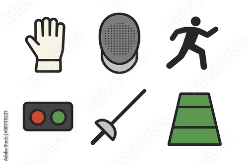 Fencing Gear Icons. Linear minimalistic fencing gear icon: glove, mask, épée, stance diagram, scoring light, footwork mat, smooth