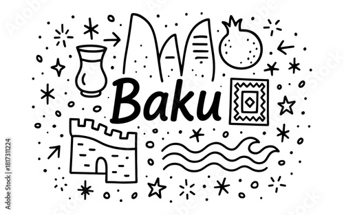 Baku landmarks and symbols: tea, flame towers, pomegranate, traditional carpet icons in minimalist style