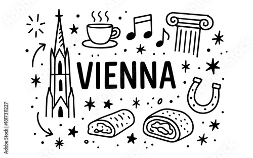 Line art vienna icons featuring architecture, music, and food