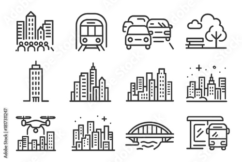 Megacity Line Icons. Line style icons of Megacities: tall buildings, crowded street, subway train, traffic jam; metro station,