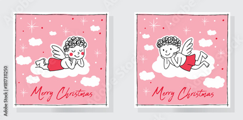 A cute Christmas illustration featuring two baby angels resting happily on fluffy clouds against a soft pink sky filled with stars and snow for Christmas greeting cards, posters, banners, flyers
