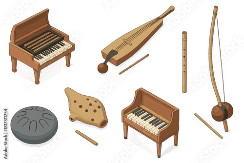 Rare Musical Instruments. Isometric vector illustration set of Rare musical instruments: viola organista, ?àn b?u, fujara flute.