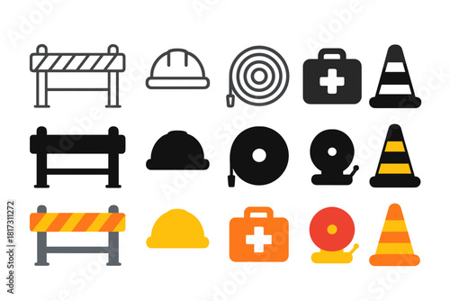 Safety Equipment Icons. Linear minimalistic safety equipment icon: barrier fence, hard hat, fire hose, first aid kit, alarm bell,