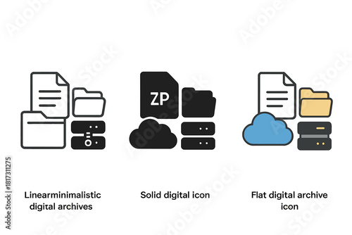 Digital Archives Icons. Linear minimalistic digital archives icon: document files, folder stack, compressed zip, backup log sheet,