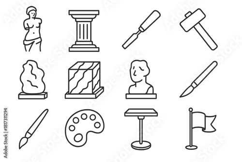 Sculpture Tools Icons. Line style icons of Sculptures: Statue, Pedestal, Chisel, Hammer; Clay, Marble, Plaster, Tool; Brush,