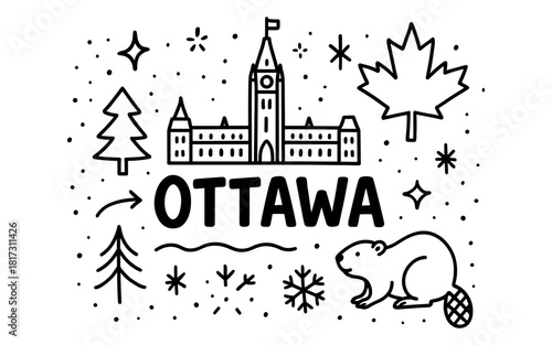 Ottawa doodle: iconic parliament and symbols in black and white line art