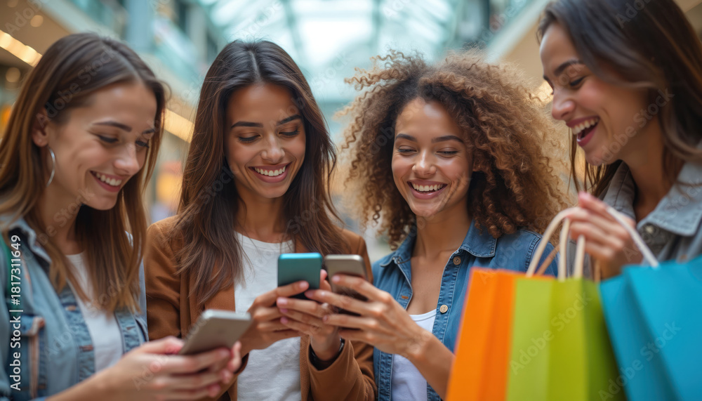Obraz premium Four young women enjoy shopping together, looking at phones and smiling. Friends share a happy moment while browsing online deals or discussing purchases at a mall.
