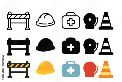 Safety Equipment Icons. Linear minimalistic safety equipment icon: barrier fence, hard hat, fire hose, first aid kit, alarm bell,