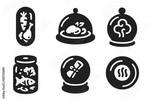 Culinary Icons Collection. Solid style icons of culinary time capsules: sealed food pod, preserved gourmet dish, encapsulated