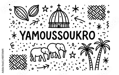 Yamoussoukro doodle art with elephants and iconic landmarks
