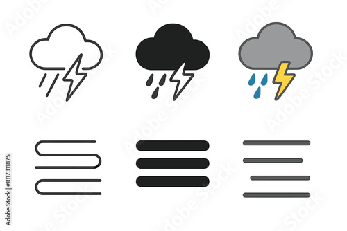 Minimalistic Storm Icons. Linear minimalistic storm icon: cloud outline with rain and lightning, uniform line thickness, no fill,