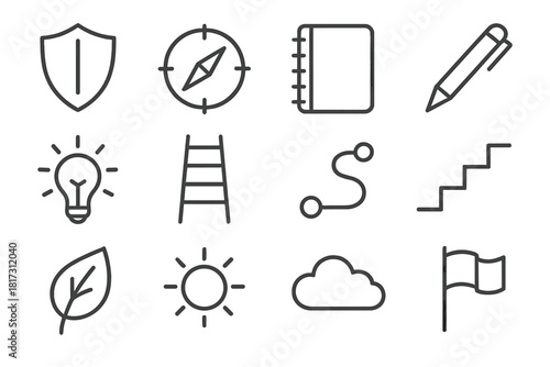 Resilience Icons Compilation. Line style icons of Resilience Tools: Shield, Compass, Notebook, Pen; Light Bulb, Ladder, Path, Step