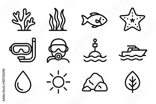 Coral Reserve Icons. Line style icons of Coral Reserves: Coral, Seaweed, Fish, Starfish; Snorkel, Diver, Buoy, Boat; Water Drop,