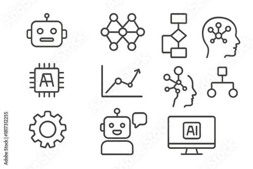 AI Adoption Icons. Line style icons of AI Adoption: robot head, neural network, algorithm chart, data stream; machine learning