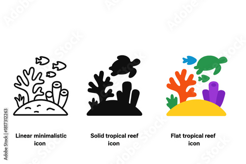 Tropical Reef Icons. Linear minimalistic tropical reef icon: coral mound, reef fish school, sea turtle, sponge cluster, algae