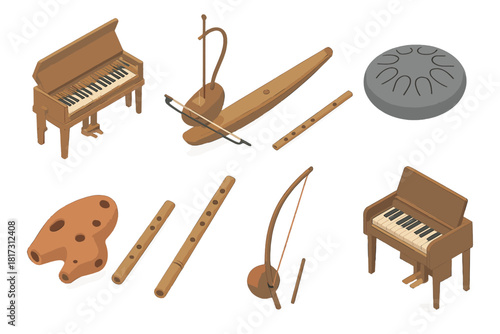 Rare Musical Instruments. Isometric vector illustration set of Rare musical instruments: viola organista, ?àn b?u, fujara flute.
