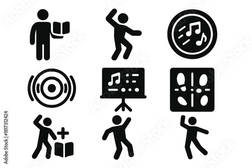 Dance Lecture Icons. Solid style icons of dance-lecture fusion: speaker with book glyph, moving figure icon, groove badge. Audio
