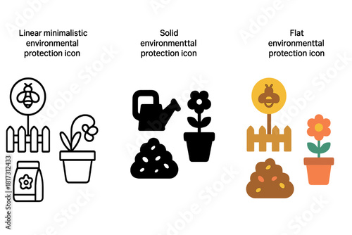 Eco-Friendly Icons Collection. Linear minimalistic environmental protection icon: bee-friendly sign, garden fence, watering can,