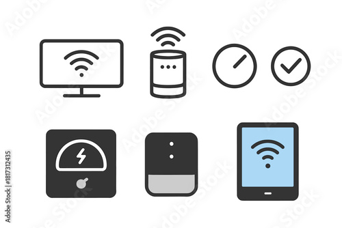 Minimal IoT Icons. Linear minimalistic IoT appliances icon: smart TV, smart speaker, control dial, status icon, power meter,