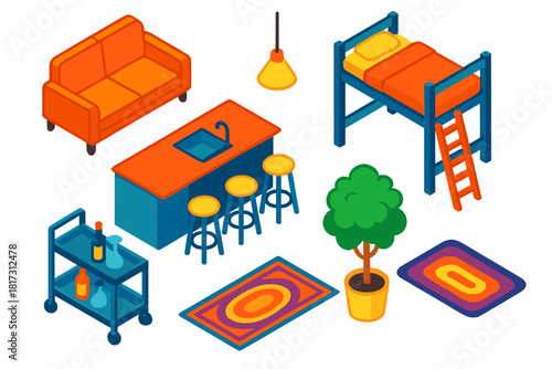 Colorful Loft Apartment Design. Isometric vector illustration set Interior layout – loft apartment sofa, loft bed, ladder; kitchen