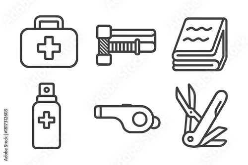 Wilderness Medicine Essentials Icons. Line style icons of wilderness medicine essentials: first aid kit, tourniquet device,