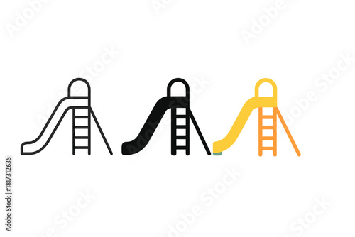 Minimalist Slide Icons. Minimalist slide icon: three identical playground slides in a row, first in line style with thin outline,