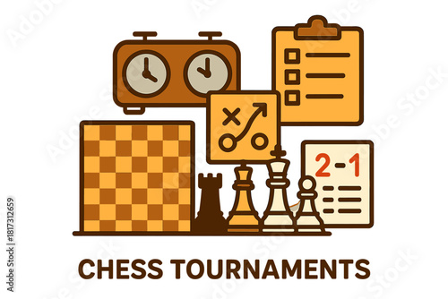 Chess Tournaments Icons. Linear minimalistic chess tournaments icon: chessboard, clock timer, ranking board, strategy diagram,
