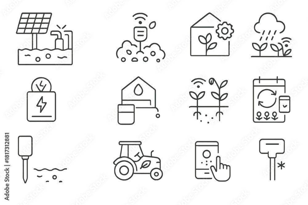 Fototapeta premium Sustainable Agriculture Icons. Line style icons of Sustainable Agriculture Tech: solar-powered pump, compost sensor, greenhouse