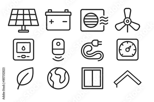 Renewable Energy Icons. Line style icons of Renewable Home Systems: Solar Panel, Battery, Vent, Fan; Thermostat, Sensor, Cable,