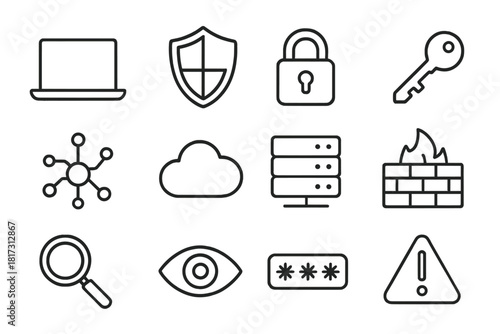 Cyber Ethics Icons. Line style icons of Cyber Ethics: Laptop, Shield, Lock, Key; Circuit, Cloud, Server, Firewall; Magnifying