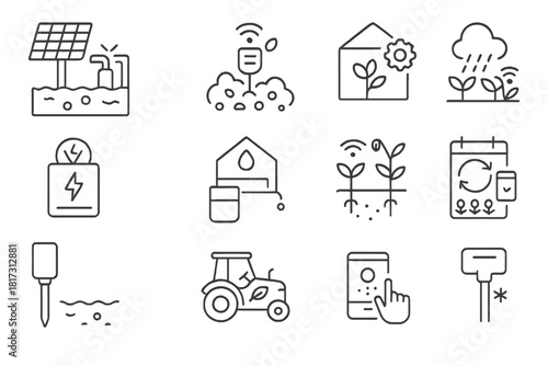 Sustainable Agriculture Icons. Line style icons of Sustainable Agriculture Tech: solar-powered pump, compost sensor, greenhouse