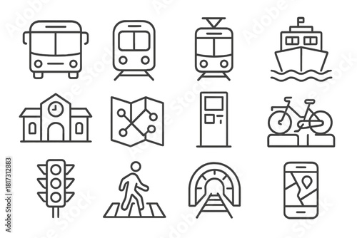 Public Transport Icons. Line style icons of Public Transport Systems: bus, metro train, tram, ferry; station building, route map,