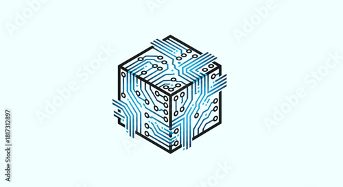 Abstract Digital Cube Featuring Circuit Board Design on a Minimalistic White Background