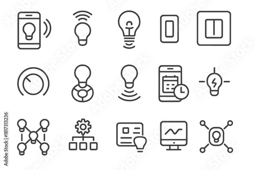 Smart Lighting Icons. Line style icons of Smart Lighting Systems: smartphone control, Wi-Fi lamp, motion sensor, smart switch;