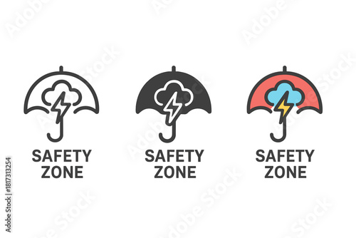Storm Safety Icons. Minimalist safety zone icon: three identical storm safety zones in a row, first in line style with thin