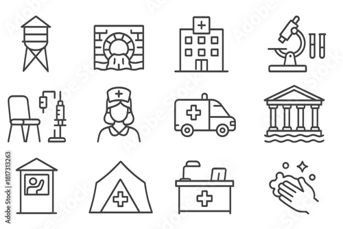 Historical Health Icons. Line style icons of Historical Health Infrastructure: water tower, sewer system, hospital wing, medical