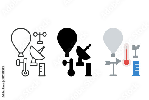 Atmospheric Research Icons. Linear minimalistic atmospheric research icon: weather balloon, anemometer, radar dish, thermometer,
