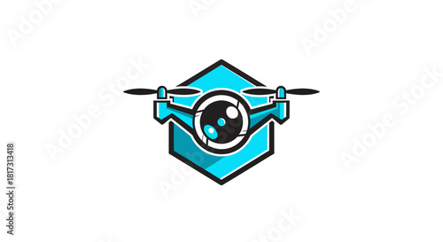 Abstract Drone Logo in Cyan and Black, Modern Design Showing Camera Lens and Props