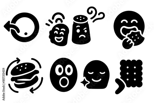 Quirky Food Icons. Solid style icons of quirky food reactions: plate with bounce-back arrow, giggle snack, confused seasoning