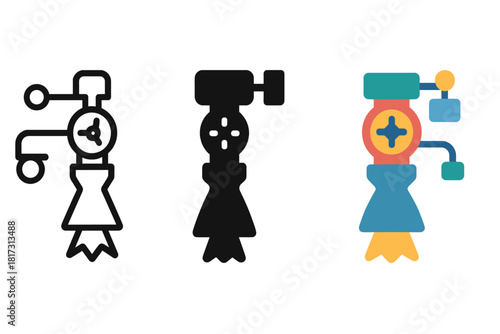 Propulsion System Icons. Linear minimalistic propulsion system icon: rocket engine, exhaust plume, turbopump, fuel valve, ignition