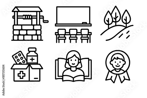 Impact Project Icons. Line style icons of long-term impact projects: water well installed, school classroom finished, reforested