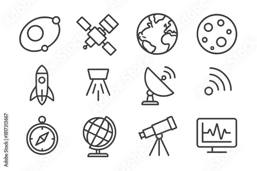 Orbital Mechanics Icons. Line style icons of Orbital Mechanics: Orbit Path, Satellite, Earth, Moon; Rocket, Thruster, Antenna,