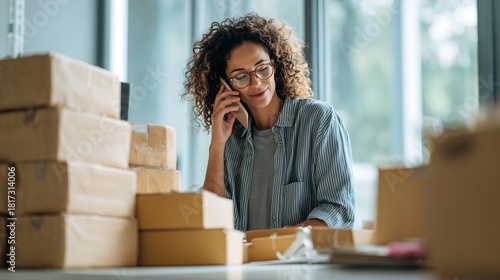 Dynamic businesswoman on phone surrounded by packages