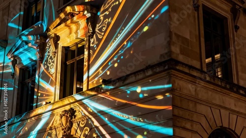 Closeup medium view of a building exterior with programmable projection lighting casting intricate designs and animations creating a captivating visual display.