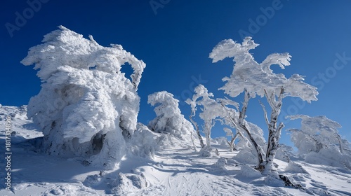 Snow-covered trees atop mountain, crisp, cold day, brilliant blue sky