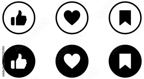 Add to favorite icon button , like icon buttons , Like (thumb up), Love (heart), and Save (bookmark) icons - user engagement icon, social media icons buttons